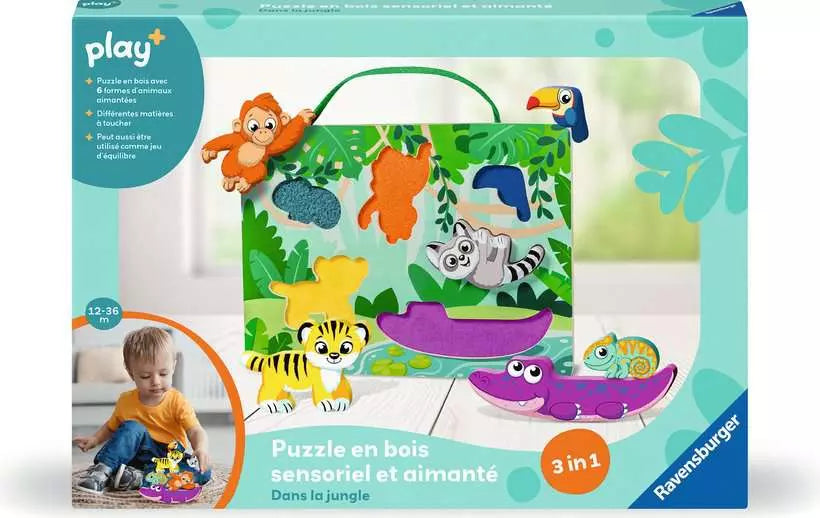 Play+ Puzzle en bois sensoriel et aimanté: Dans la jungle