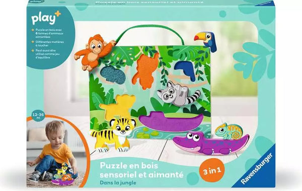 Play+ Puzzle en bois sensoriel et aimanté: Dans la jungle