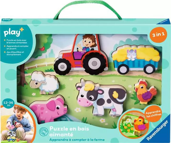 Play+ Puzzle en bois aimanté: Apprendre à compter à la ferme